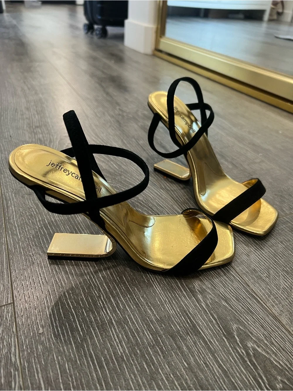 Jeffrey Campbell Black and Gold Strappy Block-Heel Sandals